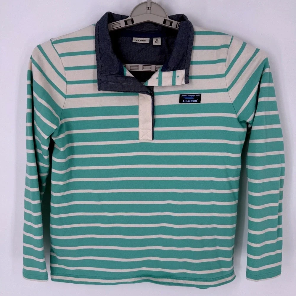 LL Bean Womens Rugby Shirt Size Medium Long Sleeve‎ Striped White Seafoam Green